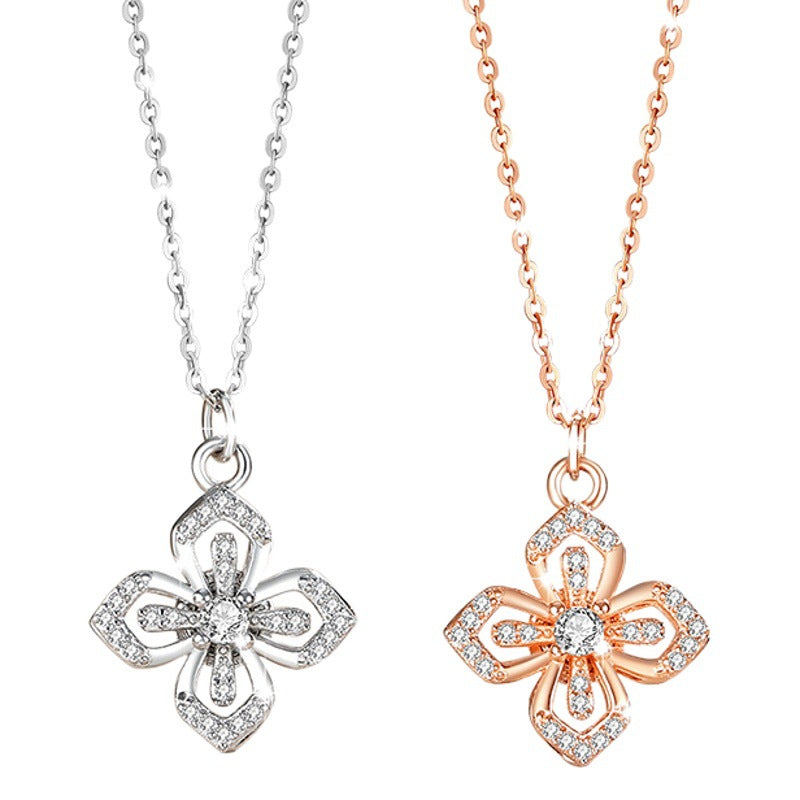Lucky Clover Sterling Silver 925 Necklace Female Niche Design Light Luxury Style Zircon Clavicle Chain Ins Rotatable Pendant