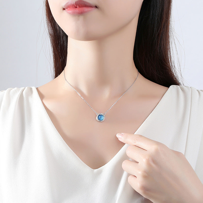 Ocean Heart Sterling Silver 925 Necklace Female Niche Design Light Luxury Rose Clavicle Chain Ins Glass Stone Pendant