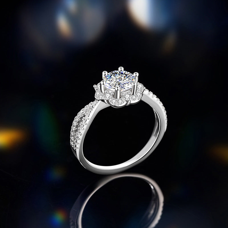 Sterling Silver 925 Diamond Ring Women's Fashionable High-Grade Moissanite Flower Ring 1 Karat Surrounding Flower Wedding Ring