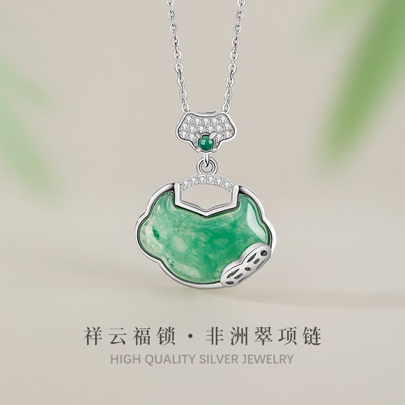 Xiangyun Ruyi Lock Sterling Silver 925 Necklace Women's New Chinese Natural African Emerald Coin Clavicle Chain Safety Lock Pendant