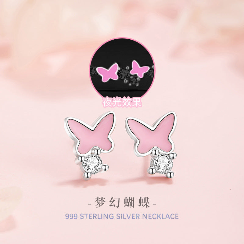 Butterfly Pure Silver 999 Luminous Girl Stud Earrings Female Sweet Cute Wind Epoxy Star Zircon Earrings Ins Earrings