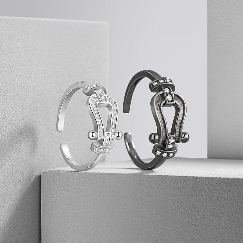 Horseshoe Buckle Sterling Silver 925 Couple Ring Fashion Versatile Zircon Navigation Buckle Ring Ins Style Double Ring Pair Ring