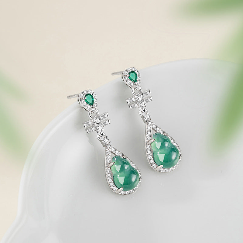 Fu Lu Ankang Sterling Silver 925 Stud Earrings Women's Light Luxury Natural Dangerous Material Blue Water Jade Earrings Ins Style Gourd Earrings