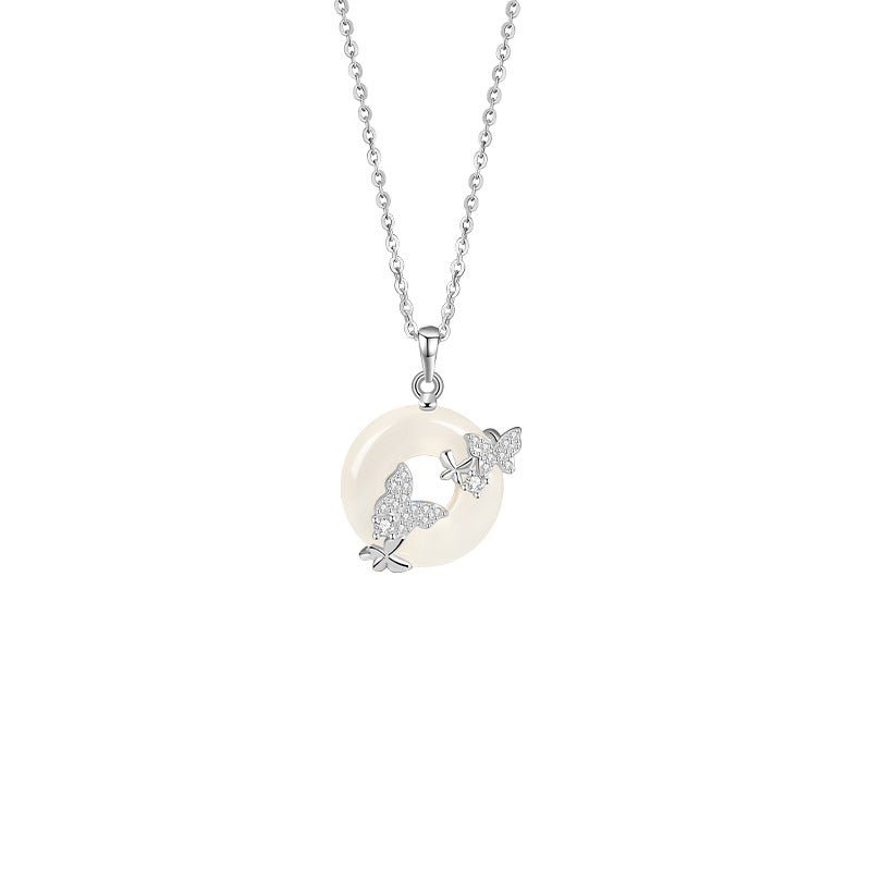 Butterfly Safety Buckle S925 Sterling Silver Necklace for Women New Chinese Style Chalcedony Silver Jewelry Niche Design Sense Commuter All-Matching