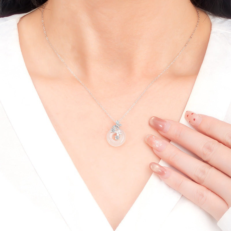S925 Sterling Silver Enamel Craft Butterfly Safety Buckle Pendant National Fashion White Chalcedony Clavicle Chain Gift for Mom and Girlfriend