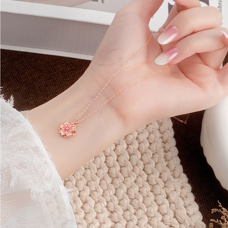 S925 Sterling Silver Rotating Cherry Blossom Necklace Female Rose Gold Niche Design Clavicle Chain Qixi Gift Jewelry Wholesale
