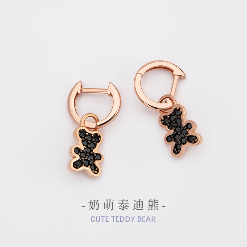 Cute Teddy Bear Sterling Silver 925 Earrings Niche Design Light Luxury Full Diamond Zircon Earrings Ins Style Lovely Earrings