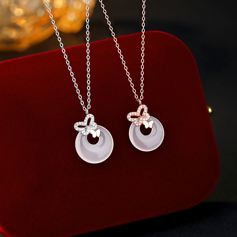 S925 Sterling Silver Necklace Women's Natural White Chalcedony Safety Buckle Butterfly Pendant National Style Women's Birthday Gift Clavicle Chain