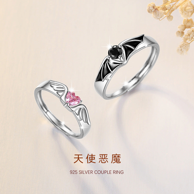Angel Wings Sterling Silver 925 Couple Ring Men's and Women's Fashion All-Match Love Ring Thing Ins Devil Ring
