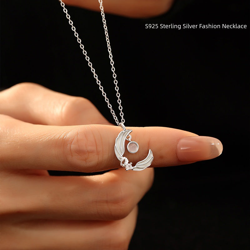 Sterling Silver S925 Necklace Natural White Agate Moonstone Pendant Niche Design Angel Wings Unicorn Clavicle Chain