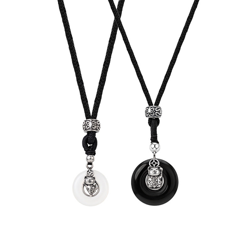 S925 Silver Jewelry National Style Couple's Safety Buckle Black Agate White Chalcedony Lucky Lucky Token Valentine's Day Gift