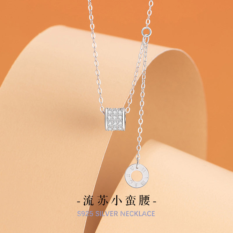 Small Waist Pure Silver 999 Necklace Women's Simple Versatile Tassel Clavicle Chain Ins Style Roman Digital Circle Pendant