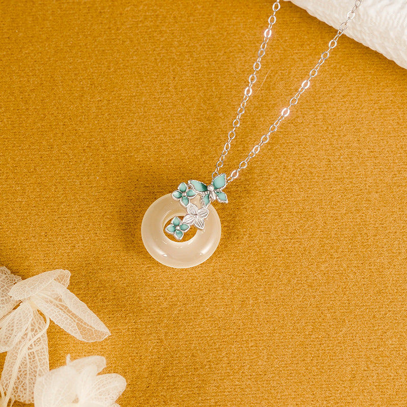 S925 Sterling Silver Enamel Craft Butterfly Safety Buckle Pendant National Fashion White Chalcedony Clavicle Chain Gift for Mom and Girlfriend