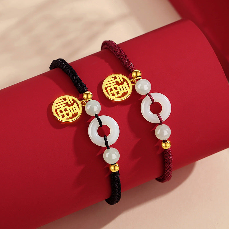 Peace Buckle Hetian Jade Sterling Silver 925 Couple Braided Rope Bracelet Men's and Women's Ins Style Lucky Bracelet