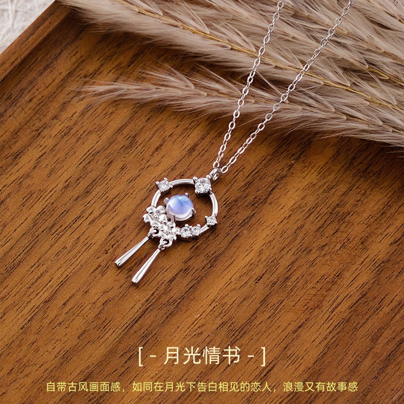 New Chinese Style S925 Sterling Silver Necklace Female Moonstone Tassel Pendant National Style Clavicle Chain Light Luxury Jewelry Factory Wholesale