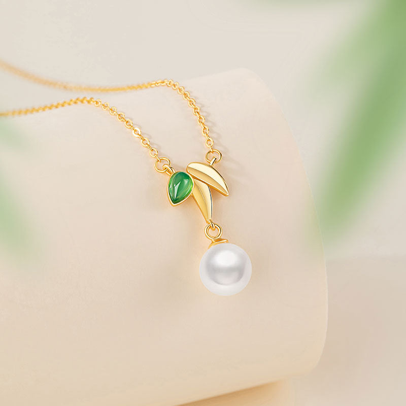 High-Rise Sterling Silver 925 Necklace Women's High-Grade Freshwater Pearl Bamboo Clavicle Chain Ins Chalcedony Bamboo Pendant