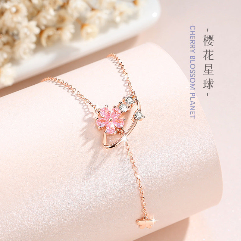 Cherry Blossom Sterling Silver 925 Necklace Female Niche Design Light Luxury Pink Diamond Clavicle Chain 520 Valentine's Day Tassel Pendant