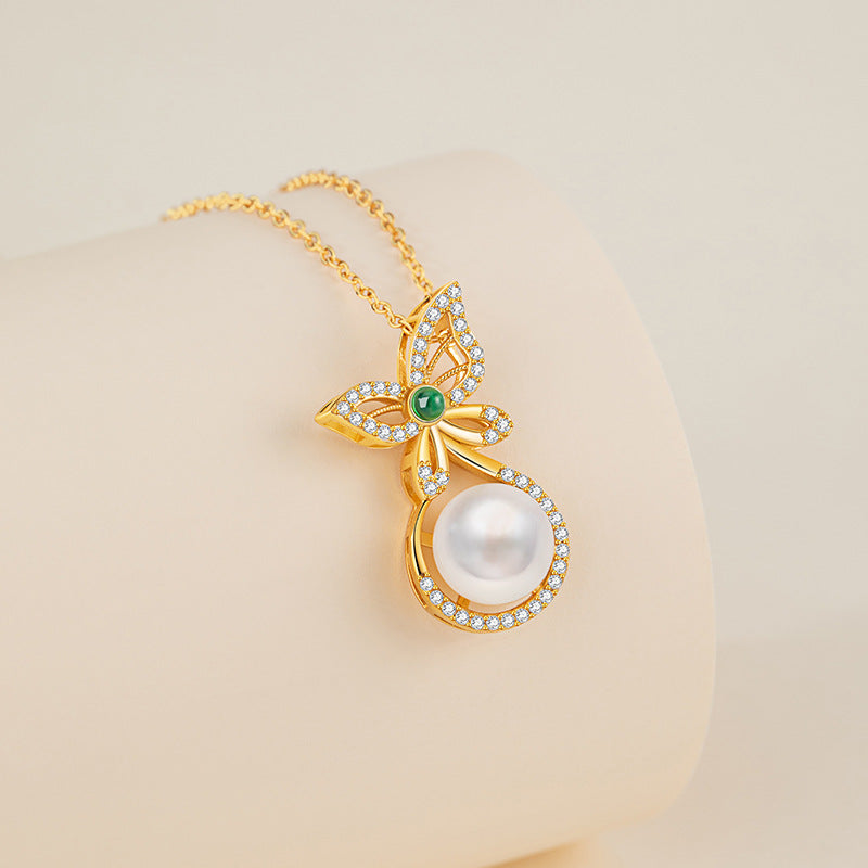 Butterfly Sterling Silver 925 Necklace Women's Light Luxury High-Grade Natural Freshwater Pearl Clavicle Chain Ins Style Chalcedony Pendant
