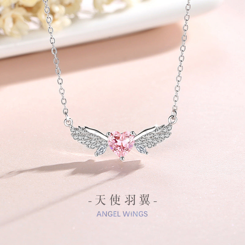 Angel Wings Sterling Silver 925 Necklace Women's Fashion Versatile Pink Zircon Clavicle Chain Valentine's Day Love Pendant