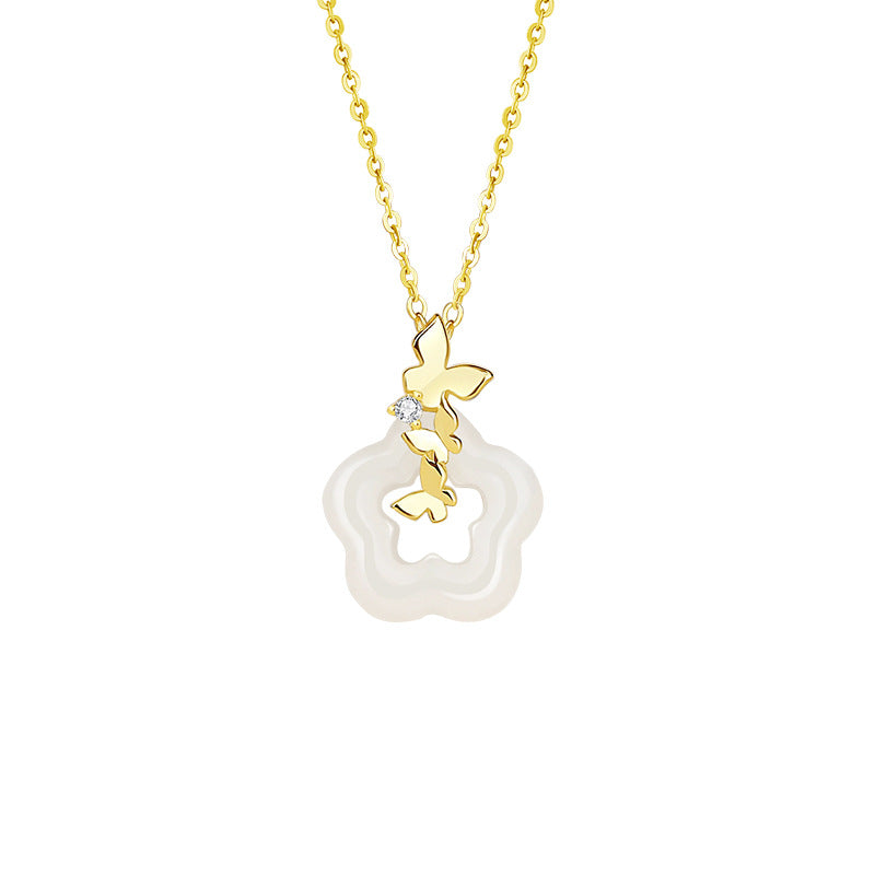 Butterfly Sterling Silver 925 White Jade Necklace Women's Fashion Versatile Flower-like Brocade Clavicle Chain Ins Style Plum Pendant