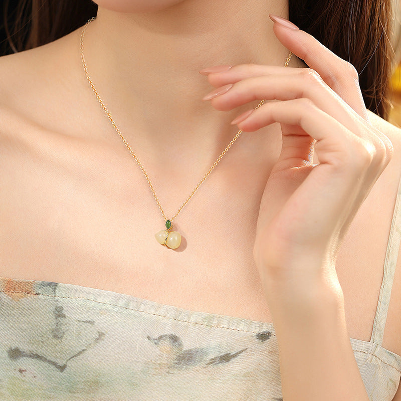 Fu Lu Double Full Sterling Silver 925 Hetian Jade Necklace Women's National Fashion New Chinese Style Jasper Clavicle Chain Ins Style Gourd Pendant