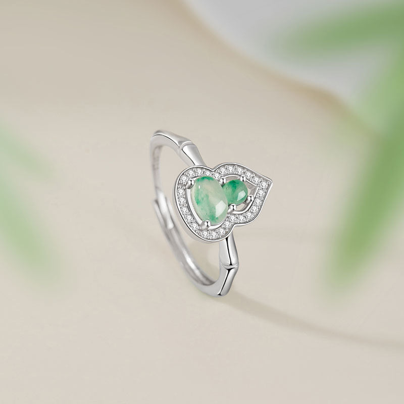 Gourd Sterling Silver 925 Ring Women's Light Luxury High-Grade Natural African Emerald Ring Ins Style Fu Lu Double Full Ring