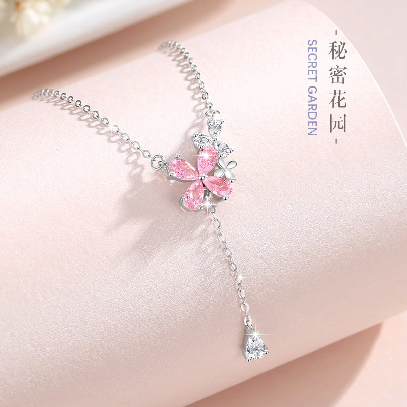 Flower Sterling Silver 925 Necklace Women's Fashion Versatile Pink Zircon Clavicle Chain 520 Valentine's Day Tassel Pendant