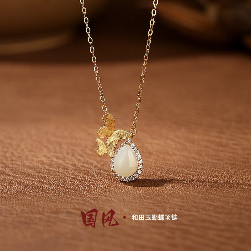 Brushed Butterfly S925 Sterling Silver Necklace Water Drop Hetian Jade Pendant National Style Niche Clavicle Chain Girls Holiday Gift