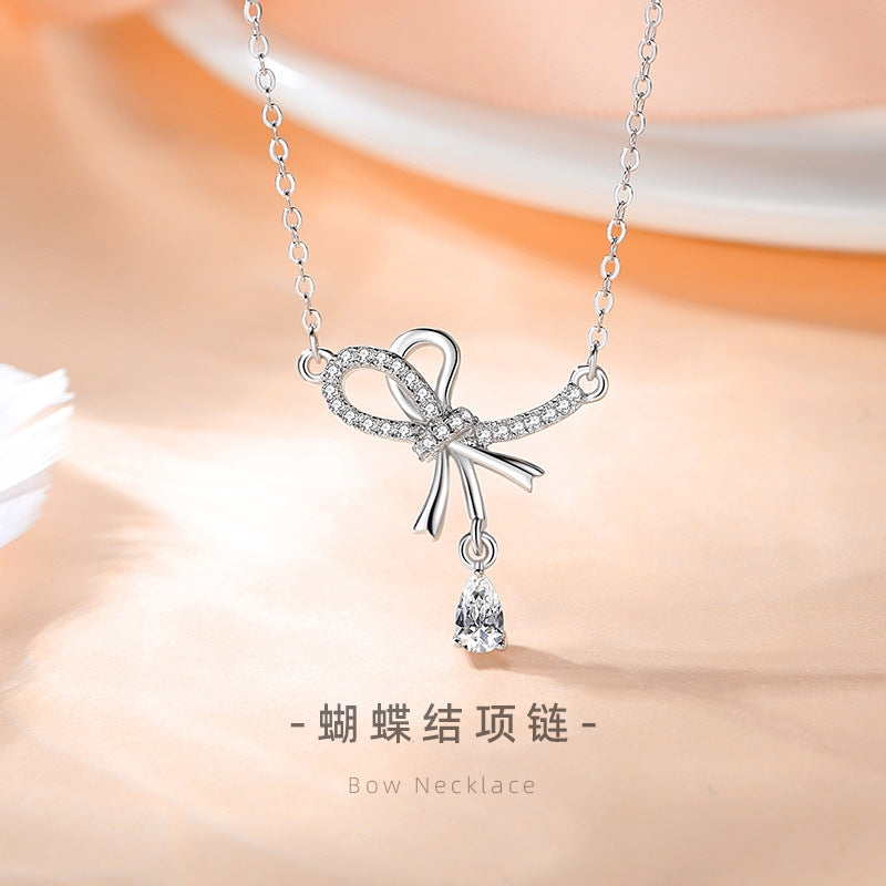 Bow Sterling Silver 925 Necklace Women's Fashion All-Match Zircon Clavicle Chain Ins Style High-Grade Love Pendant