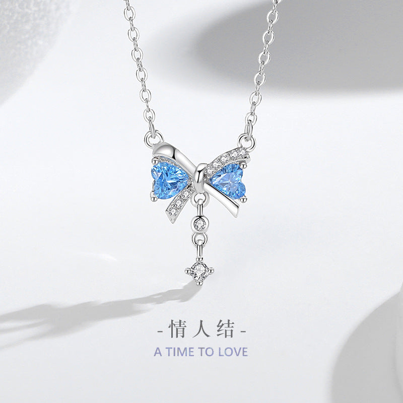 Bowknot Sterling Silver 925 Necklace Female Niche Design Light Luxury Tassel Clavicle Chain Ins Style Lovely Zircon Pendant