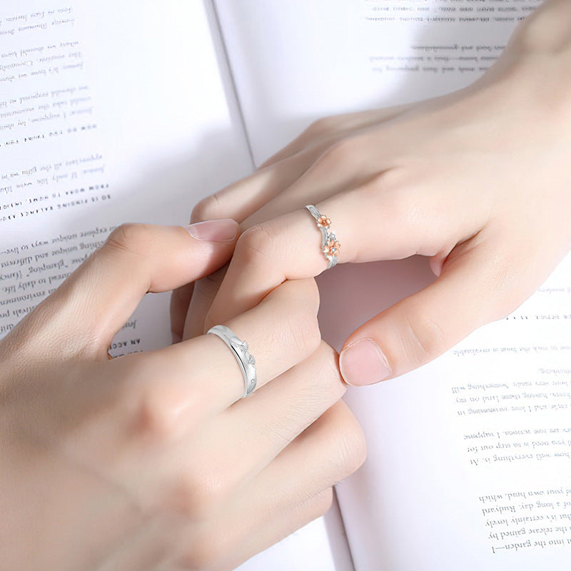 Cherry Blossom Sterling Silver 925 Couple Ring Men and Women Niche Design Light Luxury Zircon Ring Get Things Ins Flower Ring