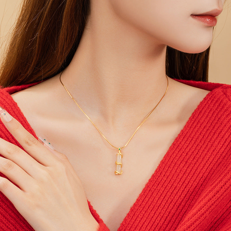 Lingsnake Sterling Silver 925 Hetian Jade Necklace New Chinese Style Bamboo Clavicle Chain Ins Light Luxury Style Zodiac Year Pendant
