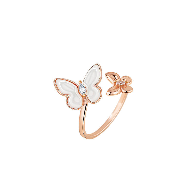 Butterfly Sterling Silver 925 Ring Female Niche Design Light Luxury White Fritillary Ring Ins Style Valentine's Day Gift Pair Ring