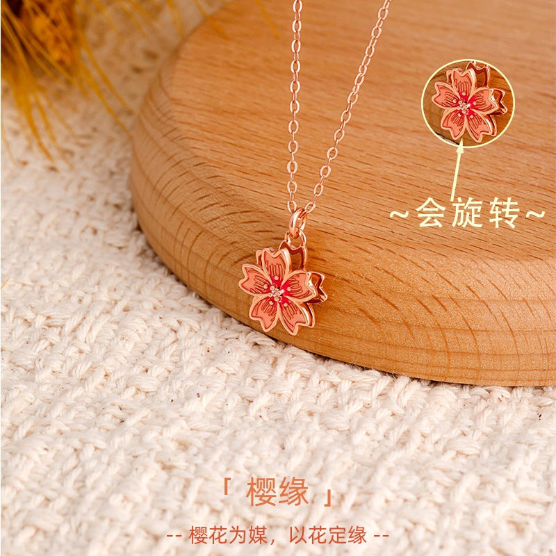 S925 Sterling Silver Rotating Cherry Blossom Necklace Female Rose Gold Niche Design Clavicle Chain Qixi Gift Jewelry Wholesale