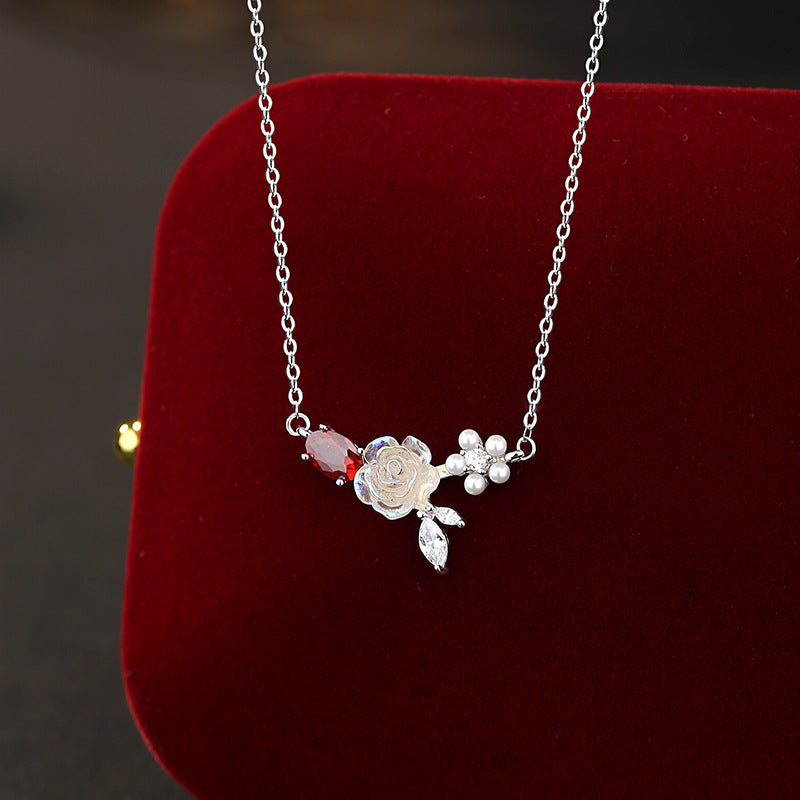 Halskette aus 925er Sterlingsilber – Rose und Perlmutt