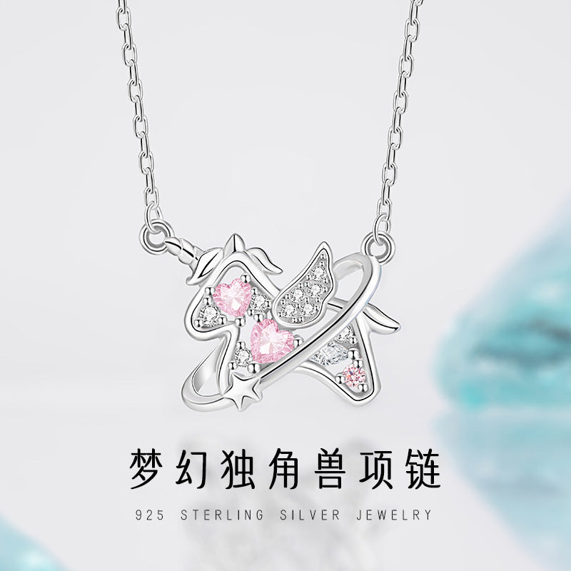 Fantasy Unicorn Sterling Silver 925 Necklace Female Sweet Cute Love Clavicle Chain Ins Style Zodiac Horse Pendant