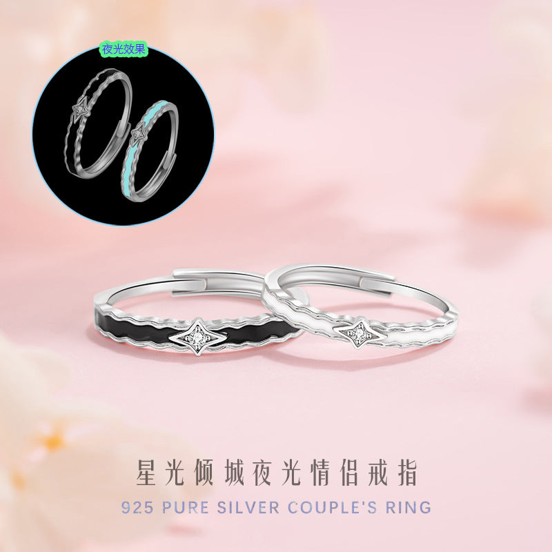 Star Sterling Silver 925 Luminous Couple Ring Niche Design Light Luxury Star Zircon Ring Ins Star River Ring