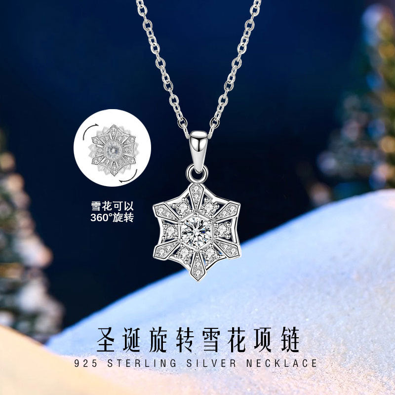 Christmas Snowflake Sterling Silver 925 Rotatable Necklace Female Niche Design Light Luxury Star Mango Clavicle Chain Ins Style Pendant