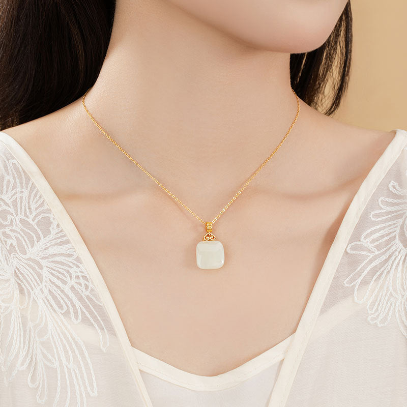 Xiangyun Ruyi Small Square Sugar Sterling Silver 925 Necklace Women's New Chinese National Fashion Hetian Jade Clavicle Chain No-Matter Brand Pendant