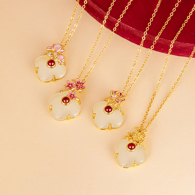 December Birthday Flower God Auspicious Necklace S925 Silver Inlaid White Chalcedony Red Agate Birthday Gift for Girlfriend