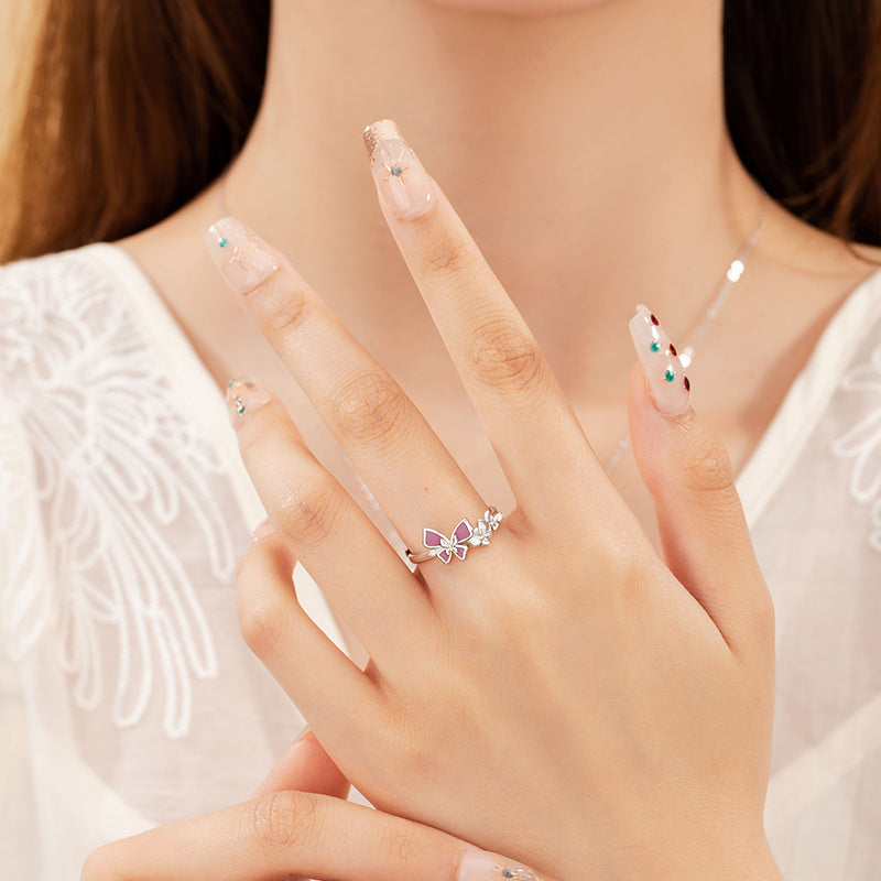Butterfly Sterling Silver 925 Ring Women's Fashion Versatile Open Adjustable Zircon Ring Ins Style Star Pair Ring