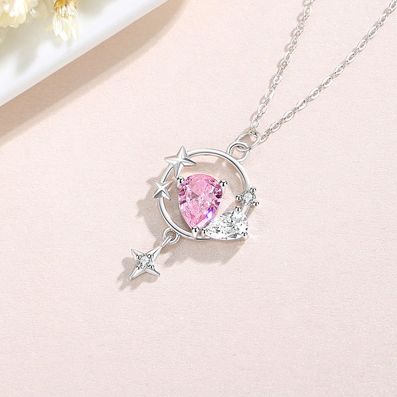 Star Sterling Silver 925 Necklace Female Niche Design Light Luxury Pink Zircon Clavicle Chain Get Things Ins Tassel Pendant