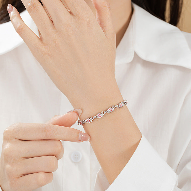 Sansheng Sanshi Shili Peach Blossom Pure Silver 999 Bracelet Female Light Luxury High-Grade Flower Bracelet Ins Style Cherry Blossom Bracelet