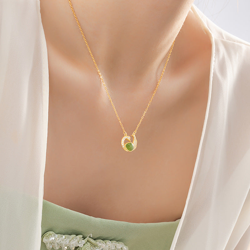 Original Swan Sterling Silver 925 Hetian Jasper Necklace Women's New Chinese Style Light Luxury Zircon Clavicle Chain Water Drop Pendant