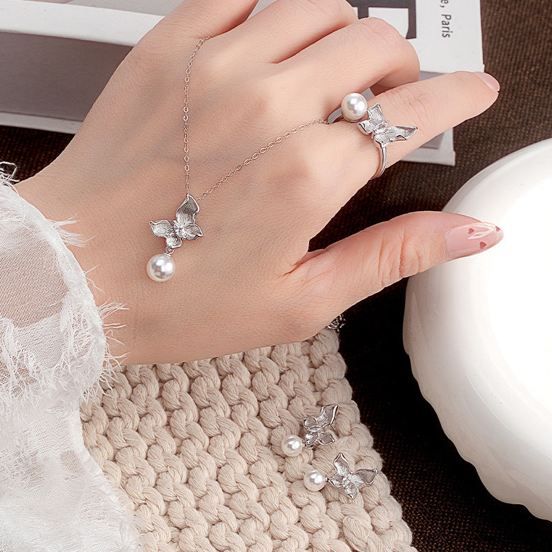 Brushed Butterfly Pearl S925 Sterling Silver Necklace Ring Stud Earrings Niche Light Luxury Valentine's Day Gift Jewelry Set for Women