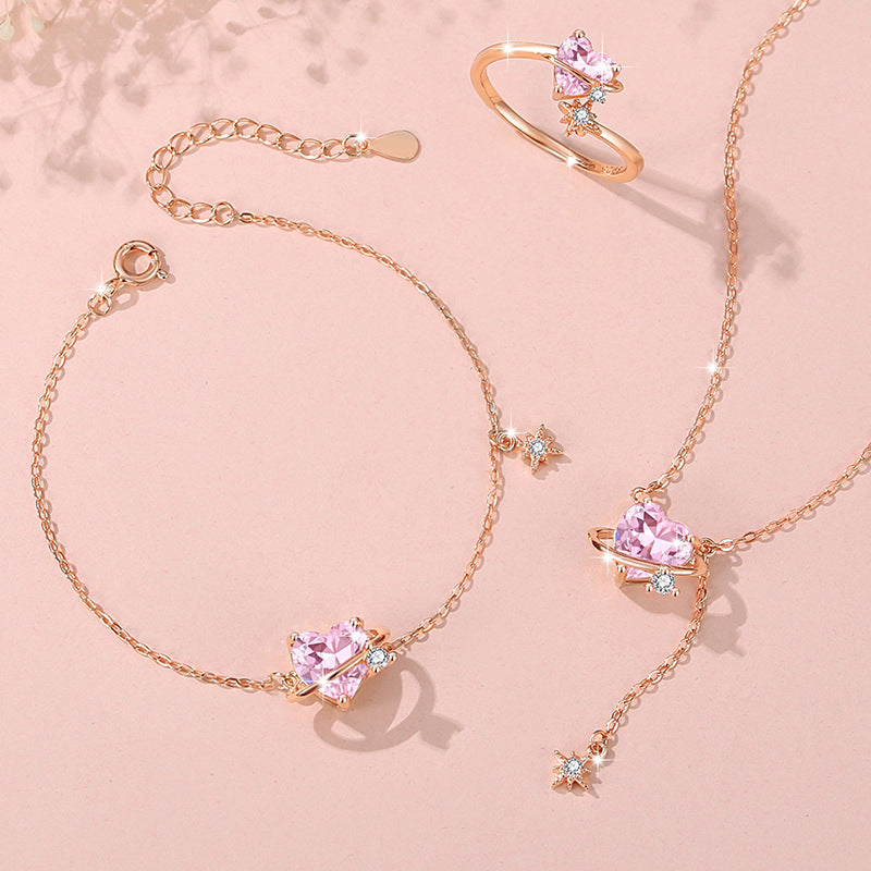 Planet Sterling Silver 925 Bracelet Female Niche Design Light Luxury Pink Diamond Bracelet Get Things Ins Style Love Zircon Bracelet