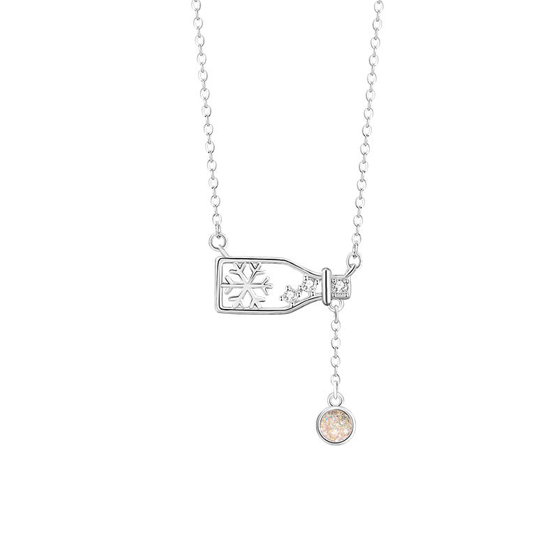 Snowflake Sterling Silver 925 Necklace Female Sweet Cute Style Glazed Stone Drifting Bottle Clavicle Chain Ins Christmas Pendant