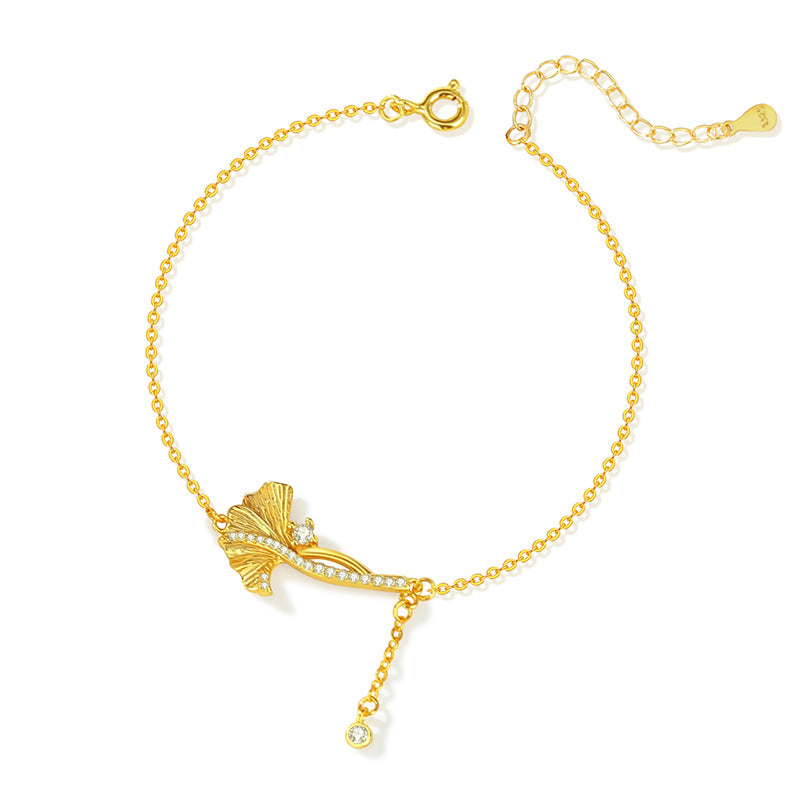 Sansheng Lucky Sterling Silver 925 Bracelet Female Niche Design Light Luxury Zircon Tassel Bracelet Ins Ginkgo Leaf Bracelet