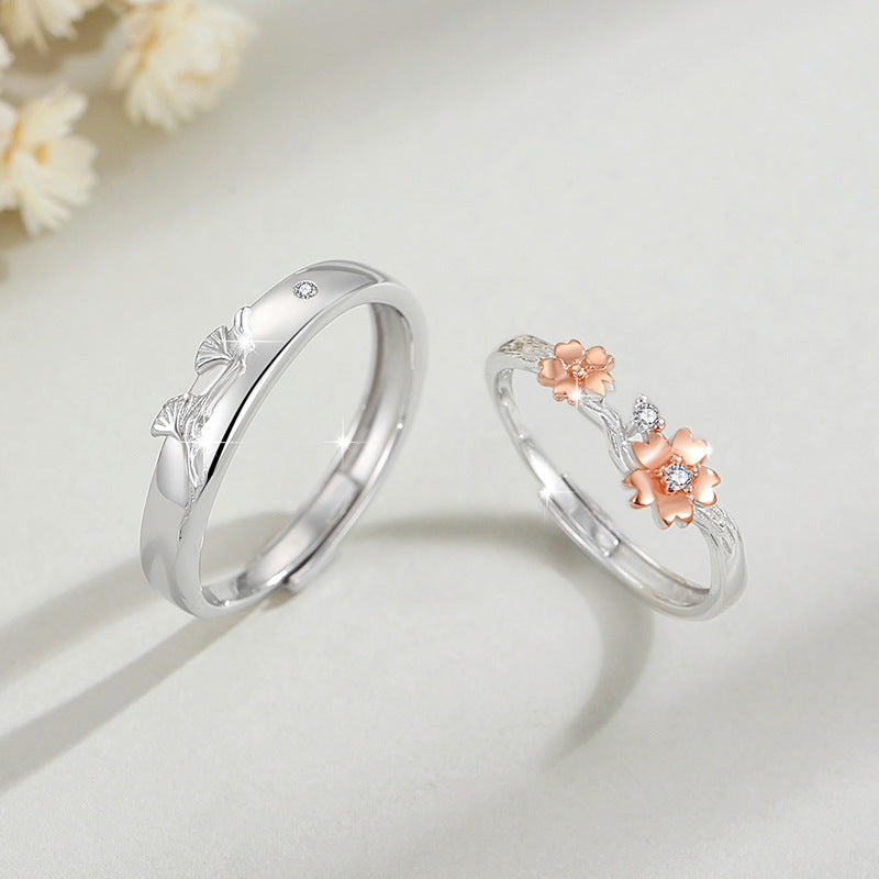 Cherry Blossom Sterling Silver 925 Couple Ring Men and Women Niche Design Light Luxury Zircon Ring Get Things Ins Flower Ring