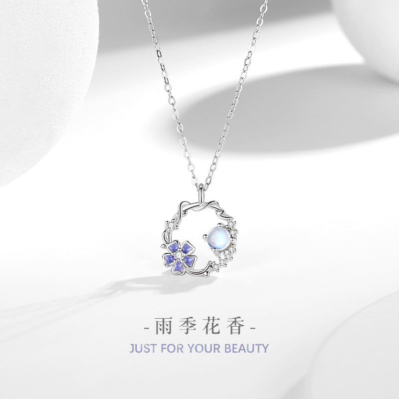 Rainy Season Floral Sterling Silver 925 Necklace Female Niche Design Light Luxury Zircon Clavicle Chain Ins Style Glass Stone Pendant